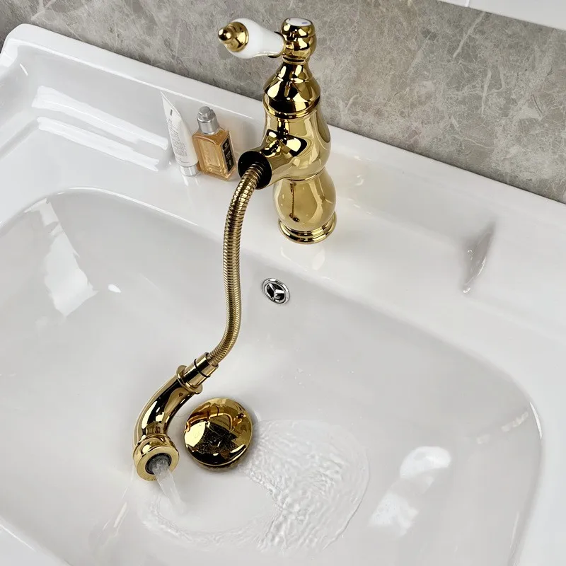 Brass French Retro Style Pull-Out Basin Faucet Hotel Bathroom Cabinet Ceramic Handle Hot and Cold Mixer Tap BF0428