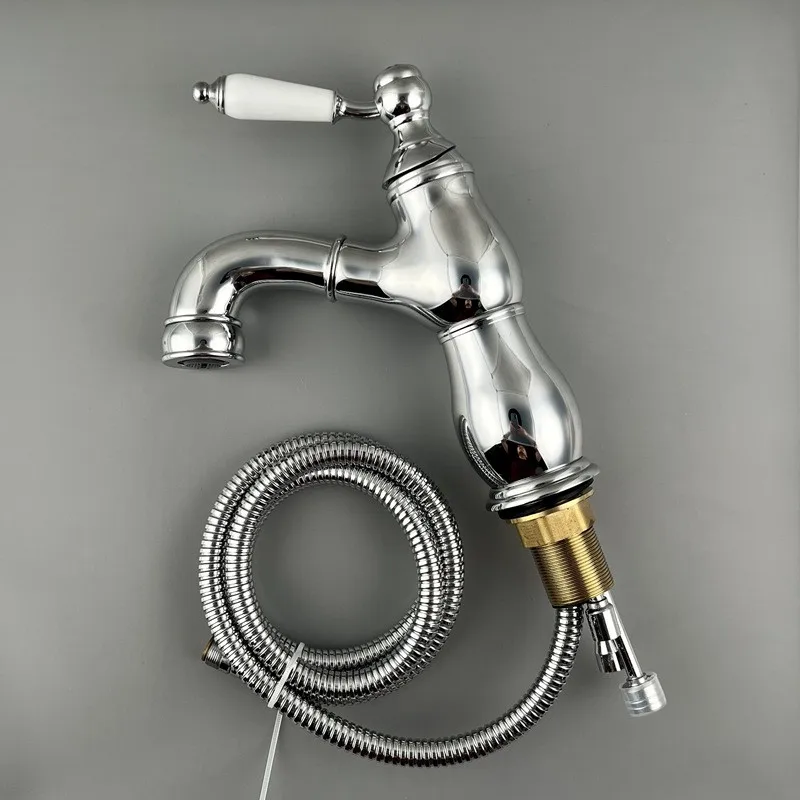 Brass French Retro Style Pull-Out Basin Faucet Hotel Bathroom Cabinet Ceramic Handle Hot and Cold Mixer Tap BF0428