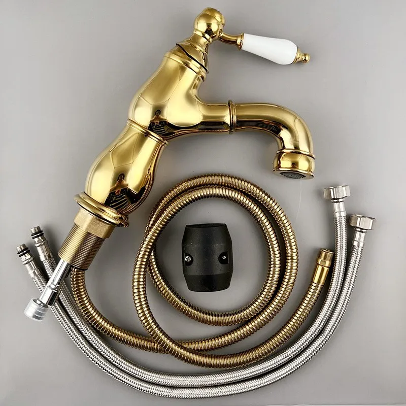 Brass French Retro Style Pull-Out Basin Faucet Hotel Bathroom Cabinet Ceramic Handle Hot and Cold Mixer Tap BF0428