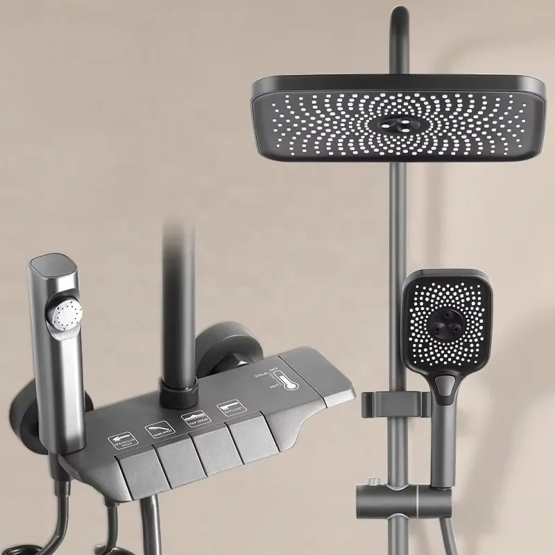 New Top 1 Cheap Gun Gray Hot Cold Wall Mounted Bathroom Shower Faucet Rain Rainfall Bathtub Mixer Piano Black Shower System Set