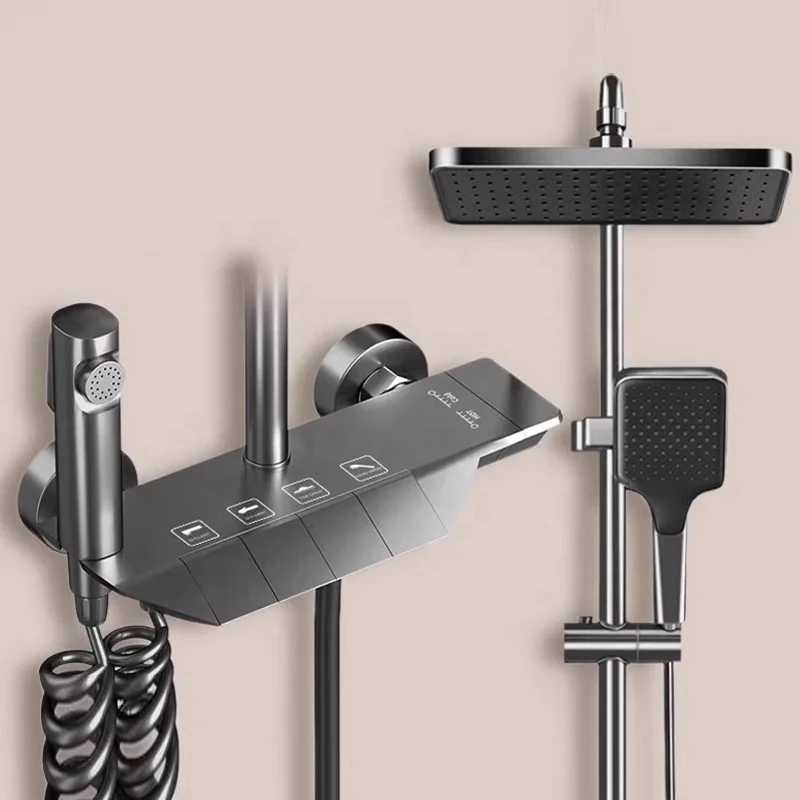 New Top 1 Cheap Gun Gray Hot Cold Wall Mounted Bathroom Shower Faucet Rain Rainfall Bathtub Mixer Piano Black Shower System Set