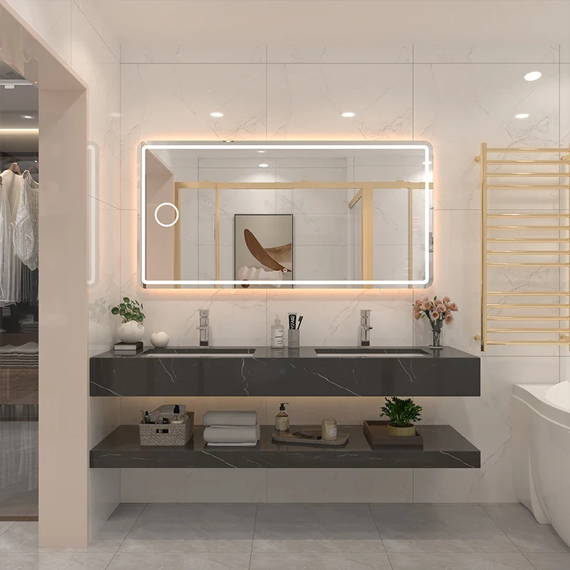 Stainless Steel Bathroom Vanities With LED Light Touch Screen LED Mirror Fashionable Rock Board LED Mirror Cabinets