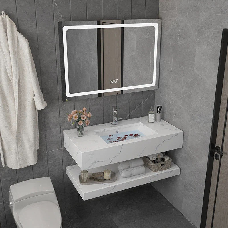 Stainless Steel Bathroom Vanities With LED Light Touch Screen LED Mirror Fashionable Rock Board LED Mirror Cabinets