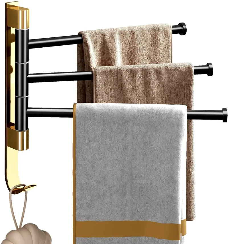Hongdec Modern Bronze Finish Aluminum Double Towel Bars with Hooks for Bathroom Swing Towel Rack 3-Year Warranty