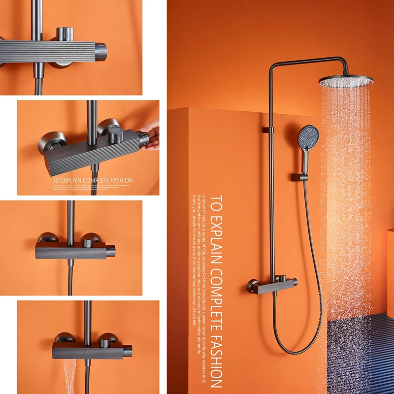 European Italian Style Square Bathroom Exposed Thermostatic Bar Grey Brass Shower Faucet Bath Shower Mixer Tap Taps Kits
