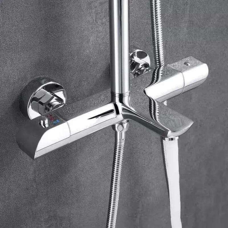 Chrome Brass Thermostatic Shower Column Set Dual Handle Rainfall Shower System with Handheld Spray for Modern Bathroom Luxury