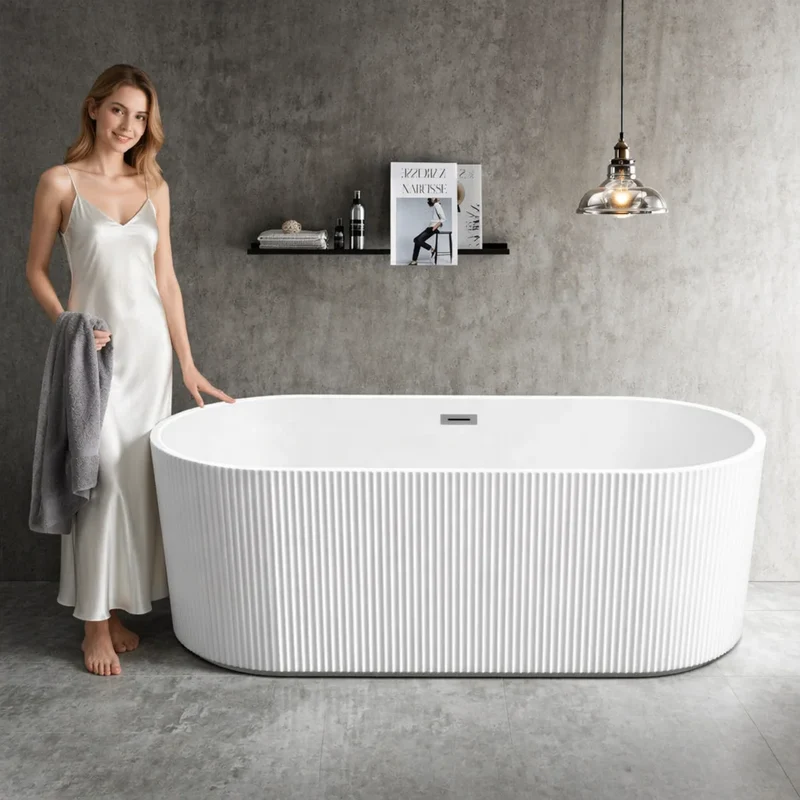 Modern Luxury Glossy White Oval Acrylic Freestanding Deep Soaking Bath Tub for Hotel Villa Bathroom Project