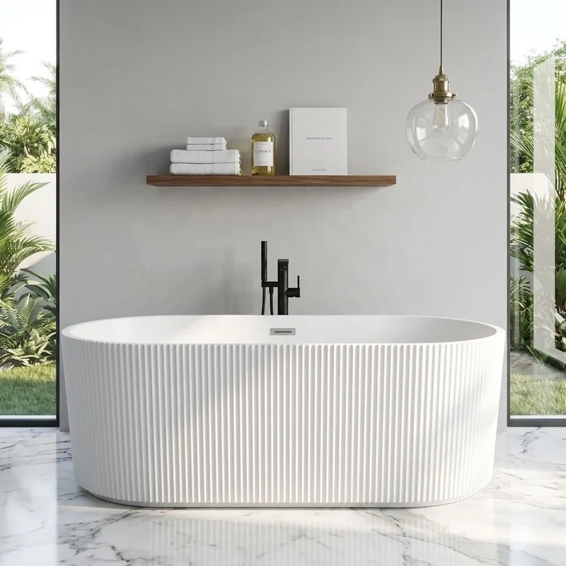 Modern Luxury Glossy White Oval Acrylic Freestanding Deep Soaking Bath Tub for Hotel Villa Bathroom Project