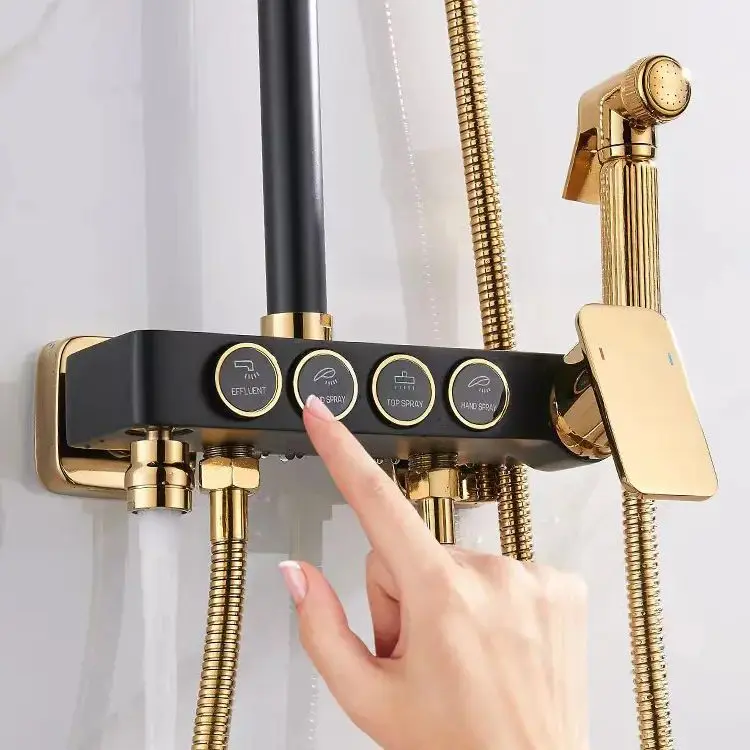 Deao Bathroom Gold Bathing Luxury Shower Kit 4 Functions Piano Brass Shower Set Thermostatic for Hotel