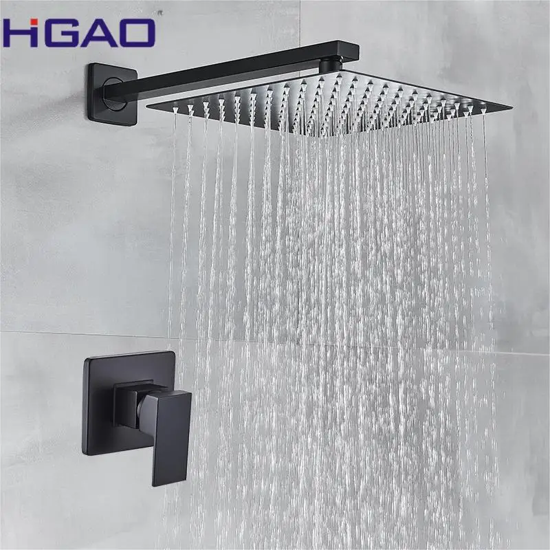 Matte Black Brass Wall-Mounted Rainfall Shower Mixer Chrome-Finished In-Wall Metered Shower Head Polished Inverted Faucet System