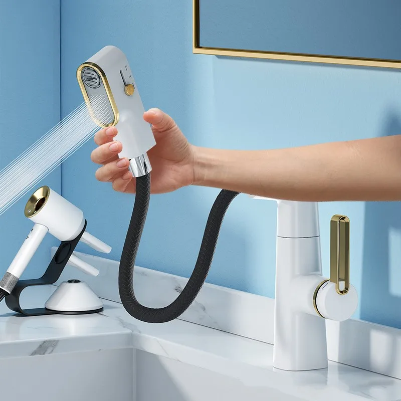 Unique Single Basin Faucet Modern Bathroom Mixer Toilet Tap 360 Swivel Basin Faucet Pull-out Brass Ceramic Polished Contemporary