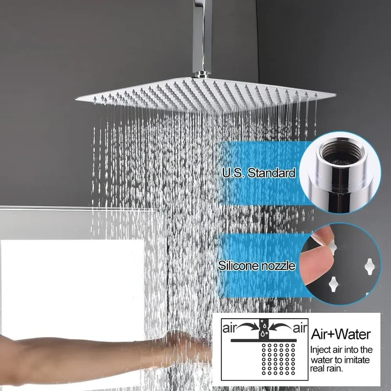 16 Inch Ceiling Mount Shower Faucet Combo Set Triple Handle Square Shower Head Thermostatic Faucets Brass Polished Finish 5 Year