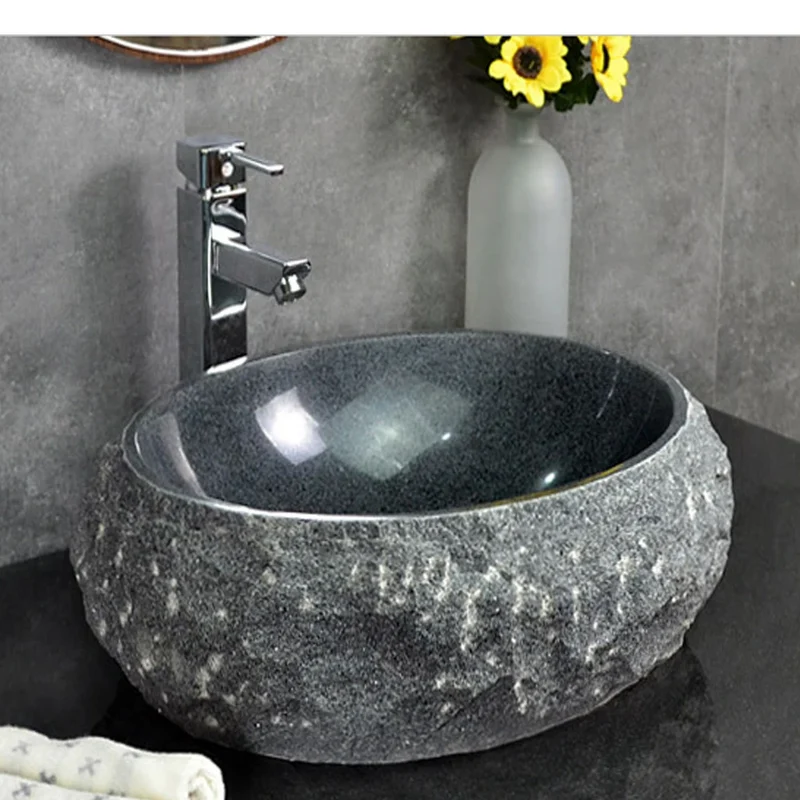 Wholesale 48cm Indoor Outdoor Natural River Lava Stone Vessel Sink Modern Traditional Oval for Bathroom Hotel Villa Hand Wash