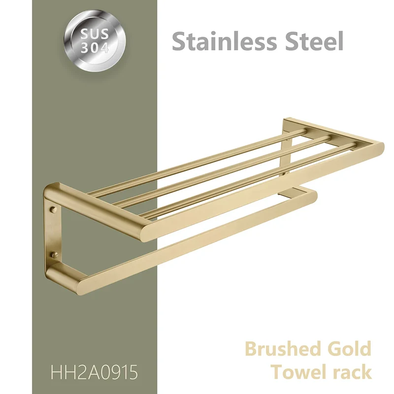 Brushed Gold Bathroom Accessories Stainless Steel in Wall Mounted Bath square Towel Holder Shelf with Towel bar Hanger Hardware