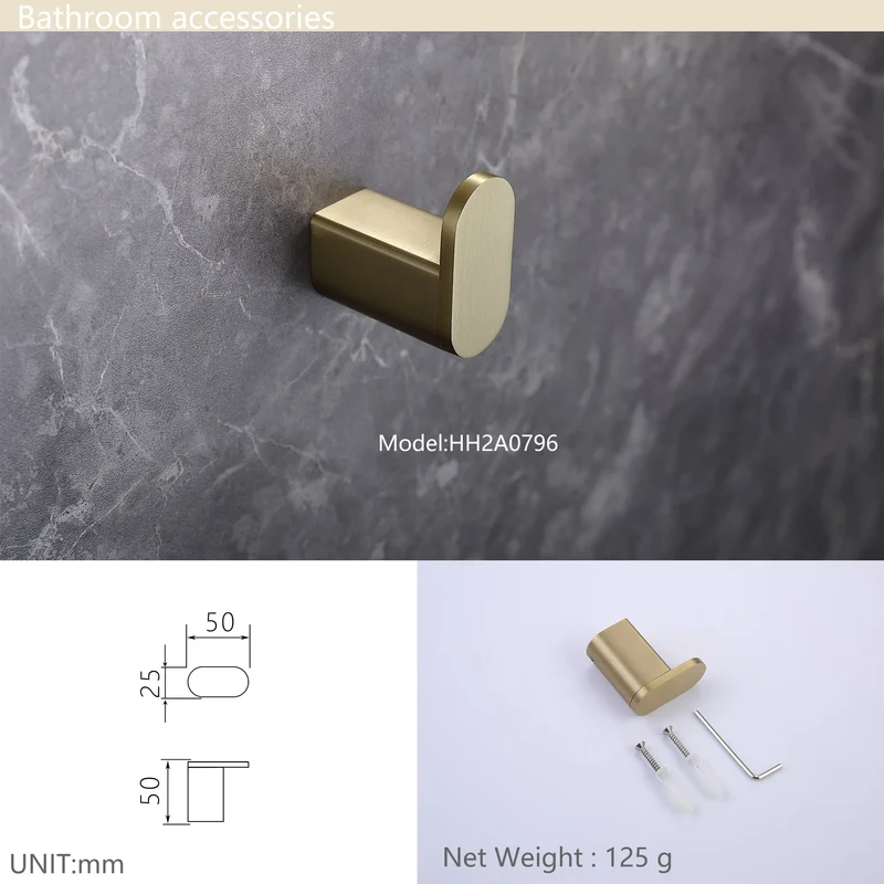 Modern Heavy Duty Wall Mount 304 Stainless Steel Brushed Gold Towel Hook Single Robe Hook Coat Hook for Bathroom Accessories