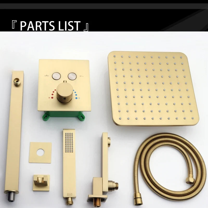 Brushed Gold Thermostatic Rainfall Shower System 10 Inch Bathroom Gold Luxurious Modern Shower Set With Bathtub Spout