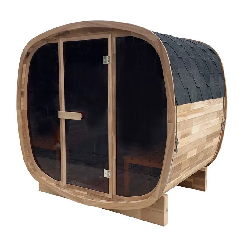 4 People Outdoor-style Traditional Sauna Room with Spliced Red Cedar square Frame and Tea-colored Glass Steam Sauna