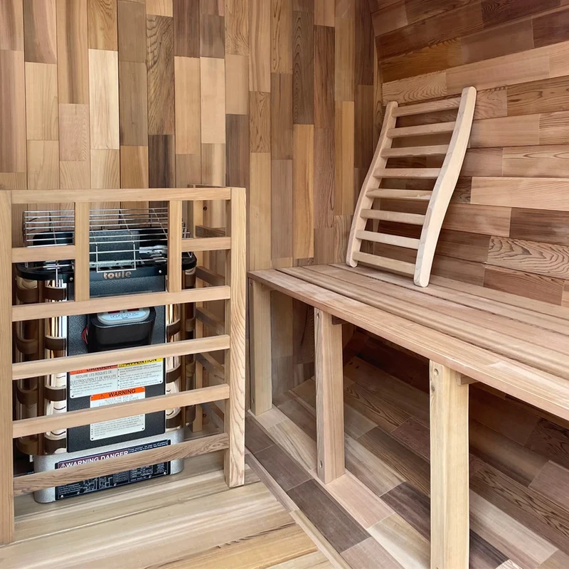 4 People Outdoor-style Traditional Sauna Room with Spliced Red Cedar square Frame and Tea-colored Glass Steam Sauna
