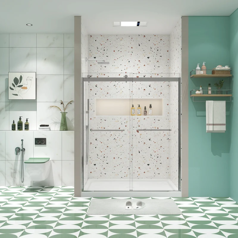 Polished Chrome Double Sliding Shower Door, 5/16" Nano-Coated Tempered Glass & 36K-Cycle Tested Hardware