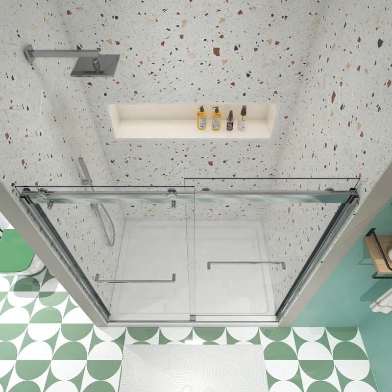 Polished Chrome Double Sliding Shower Door, 5/16" Nano-Coated Tempered Glass & 36K-Cycle Tested Hardware