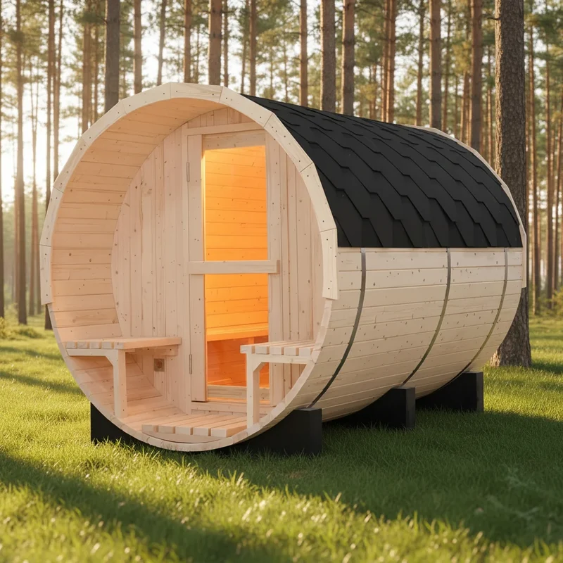 Premium 6-Person Pine Wood Barrel Sauna Kit with Panoramic Tempered Glass Front Door | Outdoor Home Spa, Finnish Sauna
