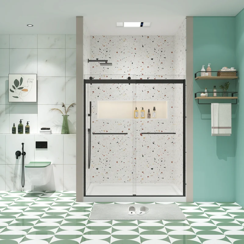 Matte Black Double Sliding Shower Door, 5/16" Nano-Coated Tempered Glass & 36K-Cycle Tested Hardware