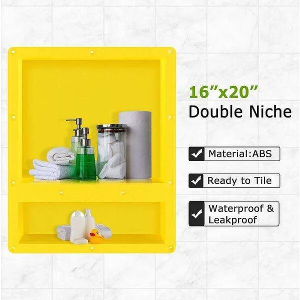 Modern Home Hotel Bathroom 16"x20" OEM Custom ABS Waterproof Recessed Double Compartment Tile-in Shower Storage Niche