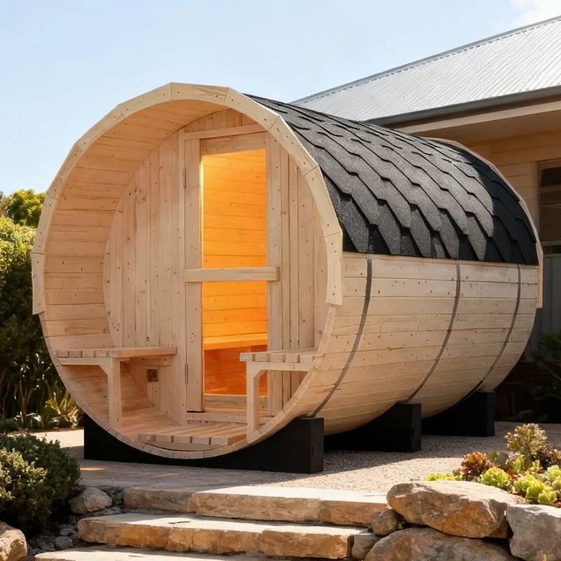 6-Person Outdoor Barrel Sauna with Steam Generator All-in-One Premium White Pine Home Spa