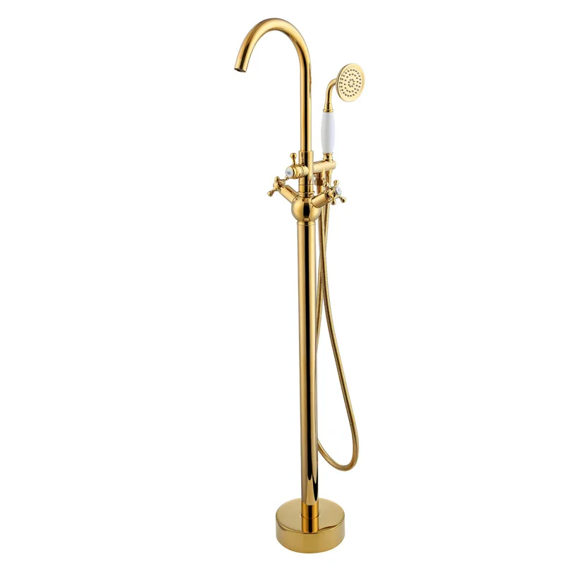 Two Handle Freestanding Bathtub Faucet Polished Gold Floor Mounted Brass Bathroom Faucet with Ceramic Valve Core