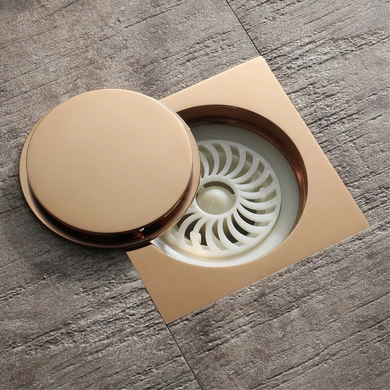 Champagne Gold Modern Square Bathroom Floor Drain with Strainer and Removable Cover Easy Installation