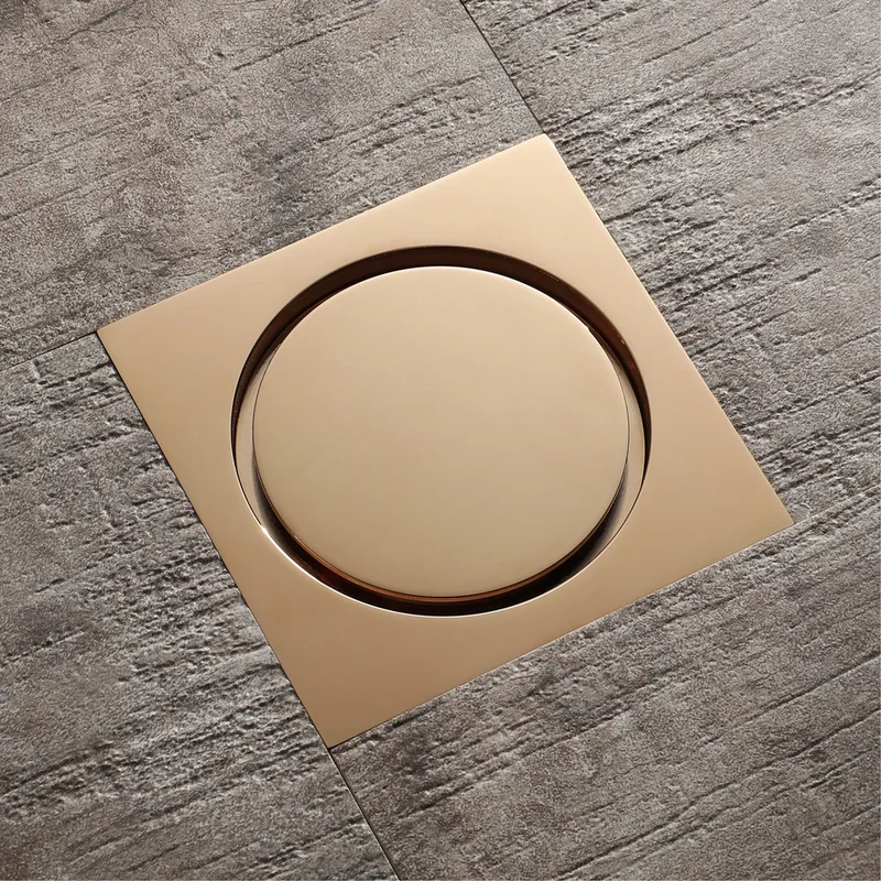 Champagne Gold Modern Square Bathroom Floor Drain with Strainer and Removable Cover Easy Installation