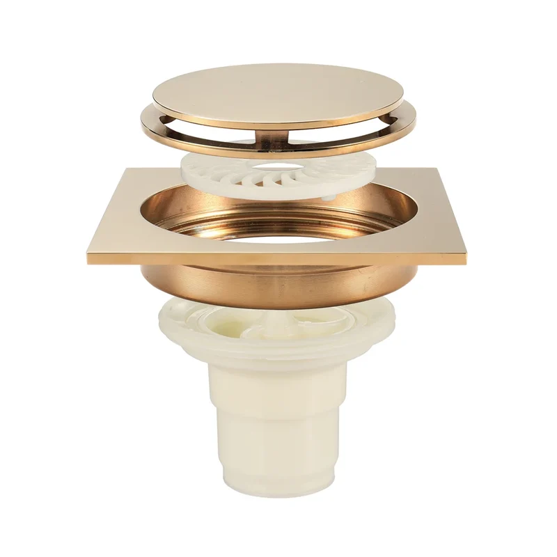 Champagne Gold Modern Square Bathroom Floor Drain with Strainer and Removable Cover Easy Installation