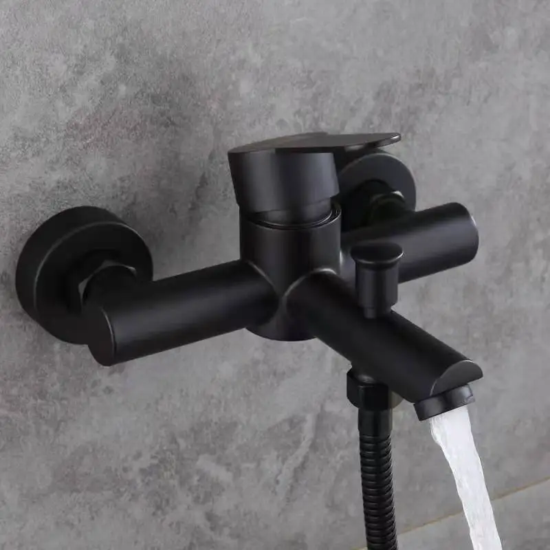 Hotel Contemporary Matte Black Stainless Steel 304 Dual Outlet Water Bathroom Wall Mounted Shower Bathtub Mixer Faucet Tap