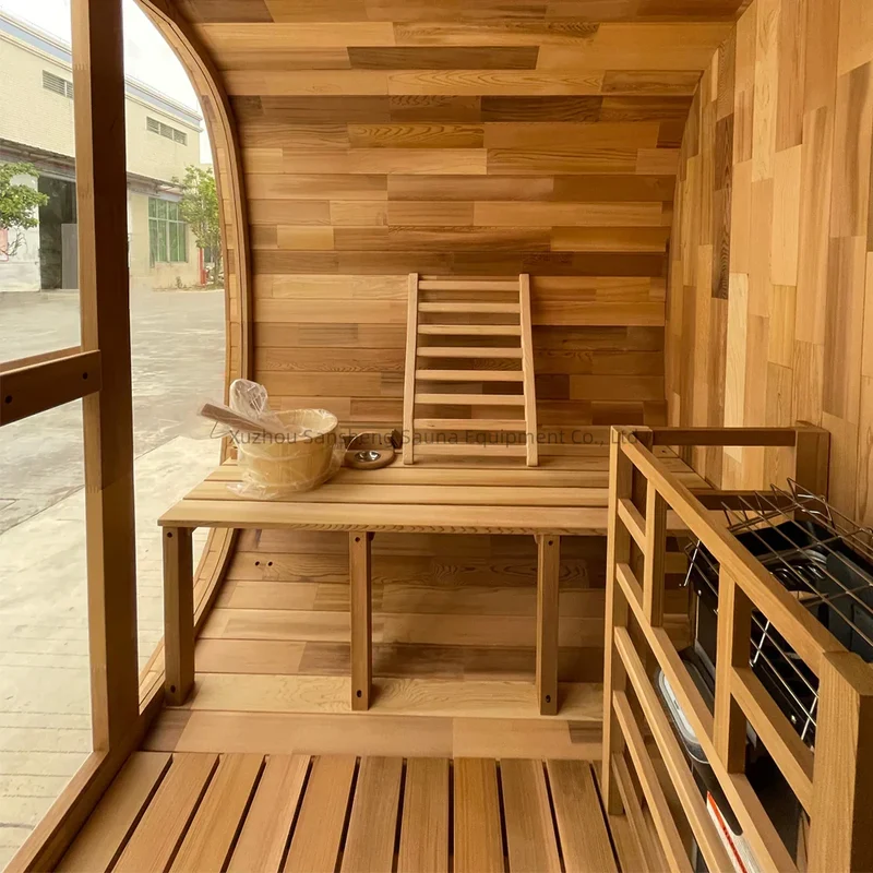 Elegant 1600x2060x2000mm Canadian Red Cedar Outdoor Sauna Room 4 Person Barrel Sauna for Backyard
