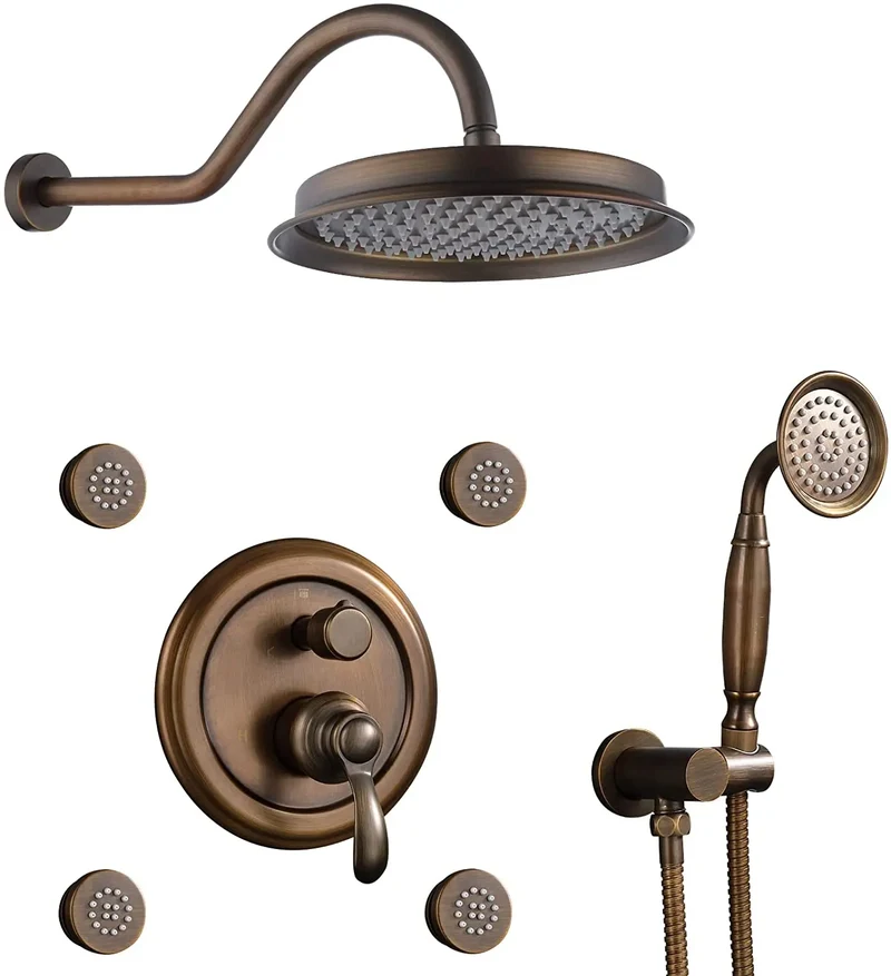 HONGDEC Antique Brass Bathroom Shower System Bathroom Shower Faucet Set 9 Inches Rainfall Shower Faucet