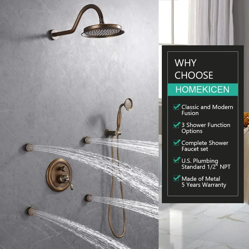 HONGDEC Antique Brass Bathroom Shower System Bathroom Shower Faucet Set 9 Inches Rainfall Shower Faucet