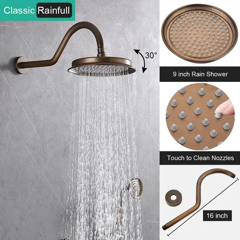 HONGDEC Antique Brass Bathroom Shower System Bathroom Shower Faucet Set 9 Inches Rainfall Shower Faucet