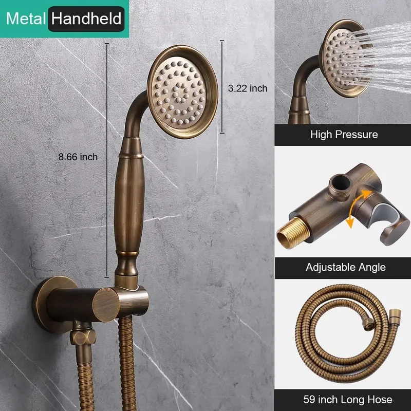 HONGDEC Antique Brass Bathroom Shower System Bathroom Shower Faucet Set 9 Inches Rainfall Shower Faucet