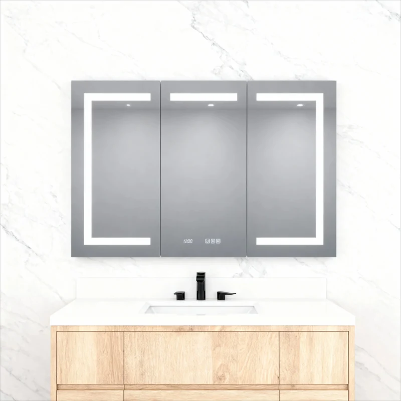48" X 30" Silver Aluminum Rectangular LED Medicine Cabinet with Clock, Recessed or Surface Mount