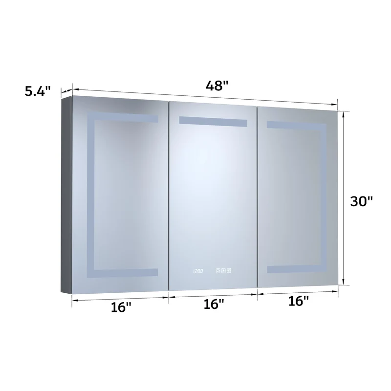 48" X 30" Silver Aluminum Rectangular LED Medicine Cabinet with Clock, Recessed or Surface Mount