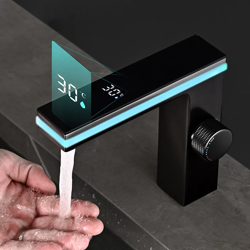 Deao LED Intelligent Digital Temperature Display Hydroelectric Power Smart Atmosphere Brass Aluminum Bathroom Basin Faucet