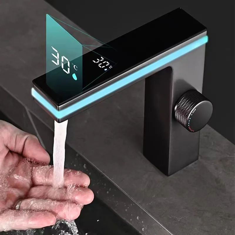Deao LED Intelligent Digital Temperature Display Hydroelectric Power Smart Atmosphere Brass Aluminum Bathroom Basin Faucet