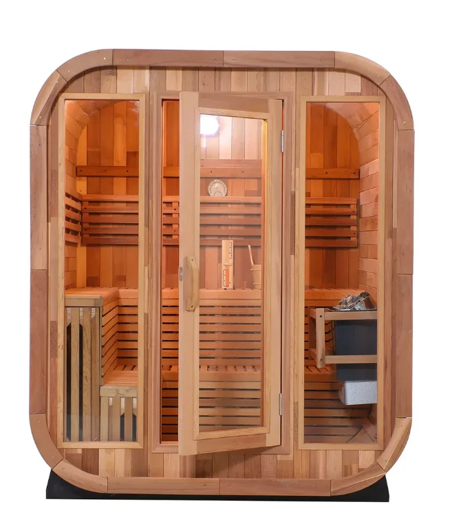 Cedar Square Barrel Steam Sauna 4-person Outdoor Garden Traditional Steam Sauna with Black Asfalt Roof Shingle Tiles