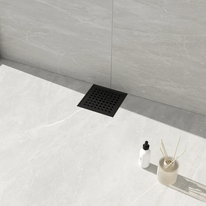 Dropshipping Available Modern 6x6 Inch Black Stainless Steel Square Floor Drain Rectangle Design Plastic Base for Bathroom Use