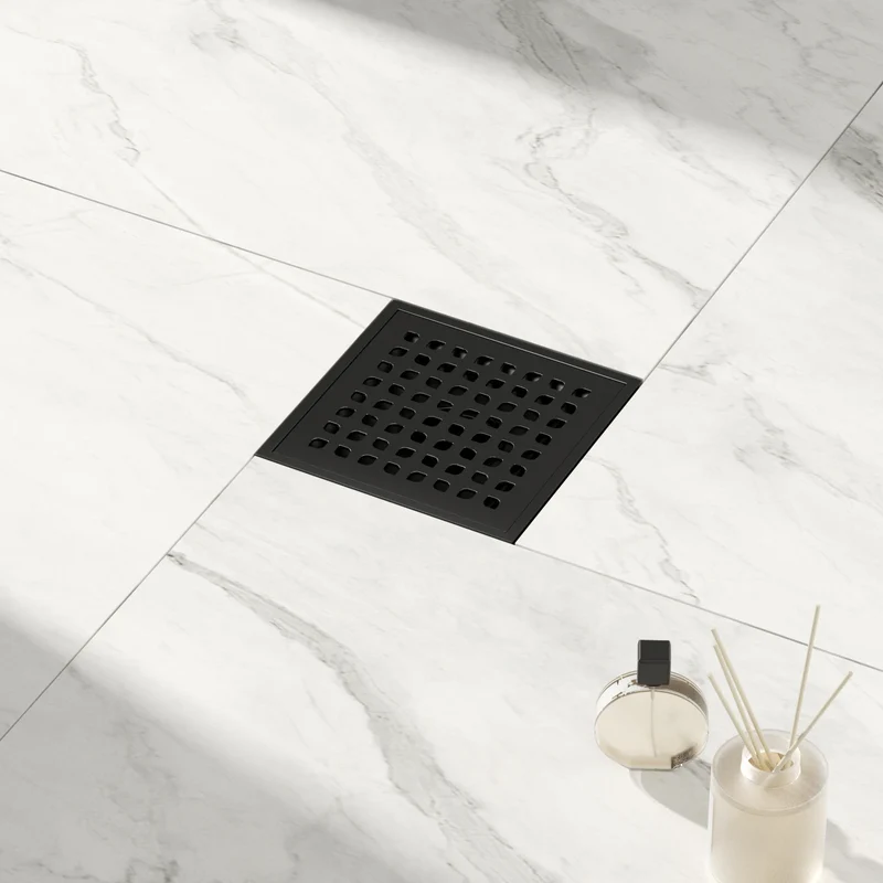 Dropshipping Available Modern 6x6 Inch Black Stainless Steel Square Floor Drain Rectangle Design Plastic Base for Bathroom Use
