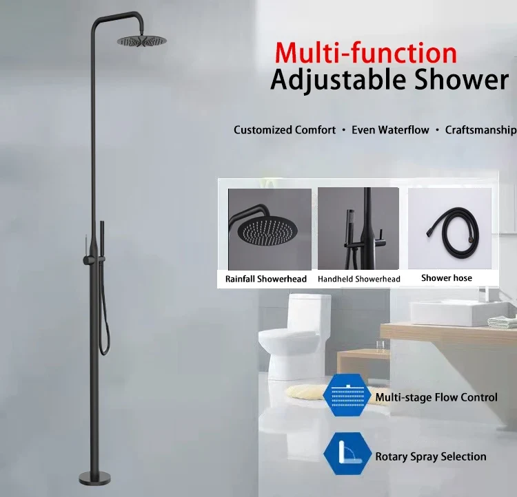 Freestanding Outdoor Shower System Set Matte Black Stainless Steel Beach Outdoor Shower Swimming Pool Outdoor Shower