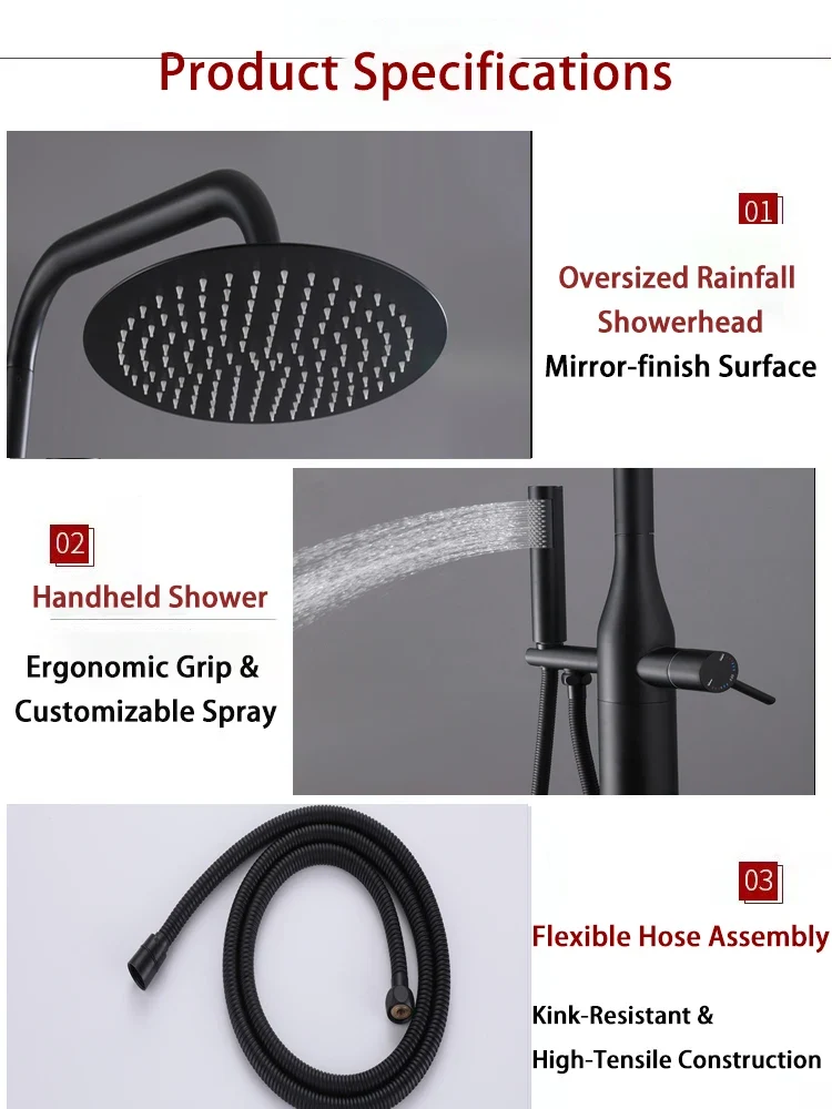Freestanding Outdoor Shower System Set Matte Black Stainless Steel Beach Outdoor Shower Swimming Pool Outdoor Shower