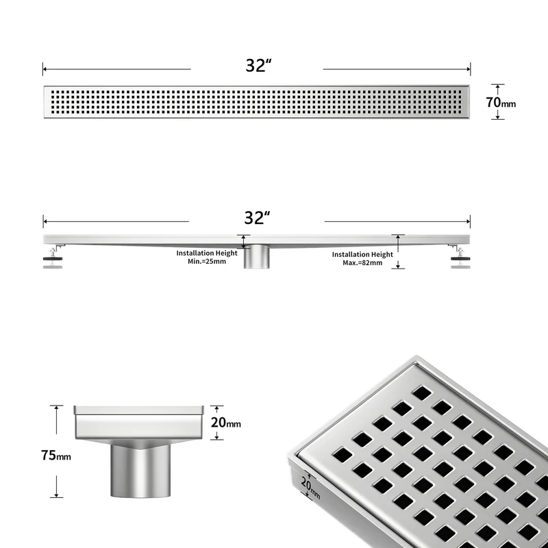 NEODRAIN 32 Inch Modern Stainless Steel Shower Drain Square Slot Cover Direct Drain Style for Bathroom USA Dropship Supported