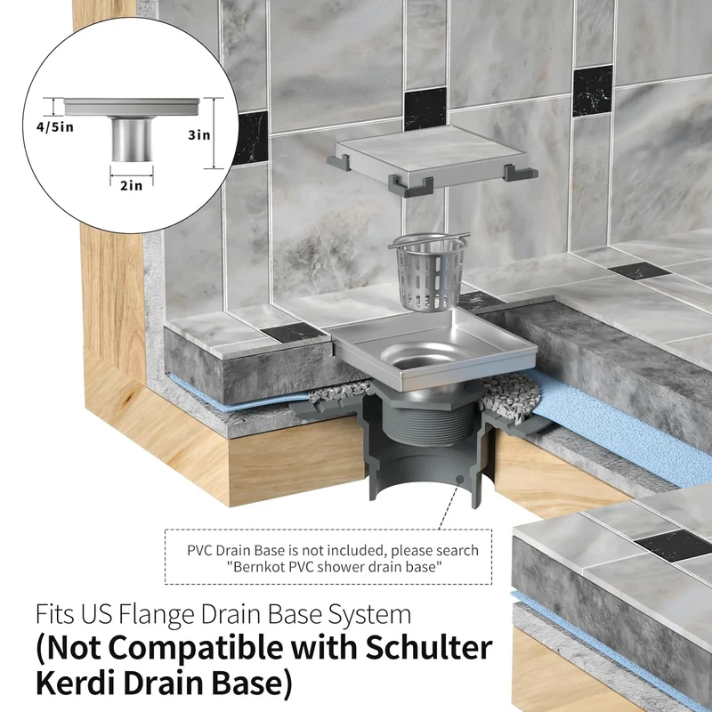 US Dropshipping 4x4 Inch Brushed Stainless Steel Square Floor Drain with Tile Insert Cover