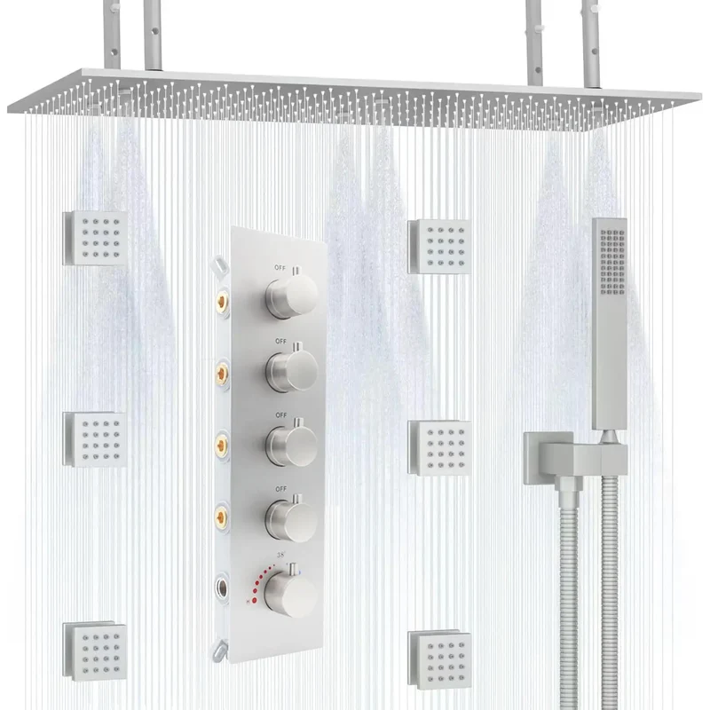 3-Function Thermostatic Rainfall Shower System Soft/Jet Ceramic Brass Wall Mount Shower Faucet Combo Slide Bar Brushed Nickel